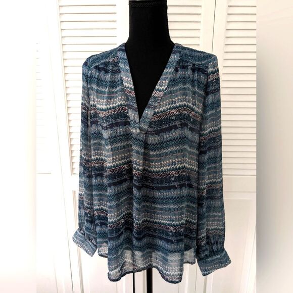 Lumiere Tops - Lumiere Top Womens L Striped Blue Romantic Sheer Flounce Blouse V-neck Smocked